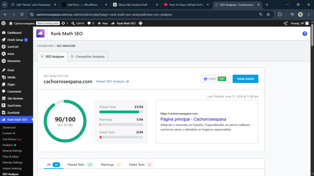 seo analyzer ‹ cachorrosespana — wordpress google chrome 06 13 2026 1 52 09 am